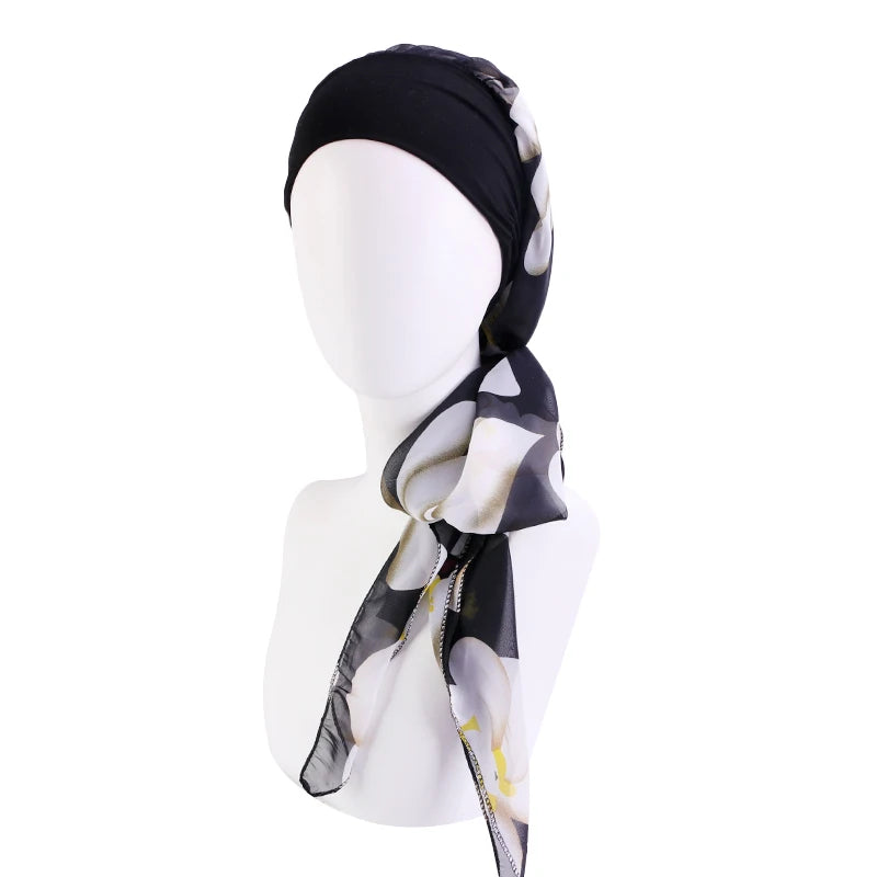 Turbante elástico con estampado de flores para mujer musulmana, para la cabeza preatado Hijab, Bandana para la pérdida de cabello, bufanda para la cabeza, novedad