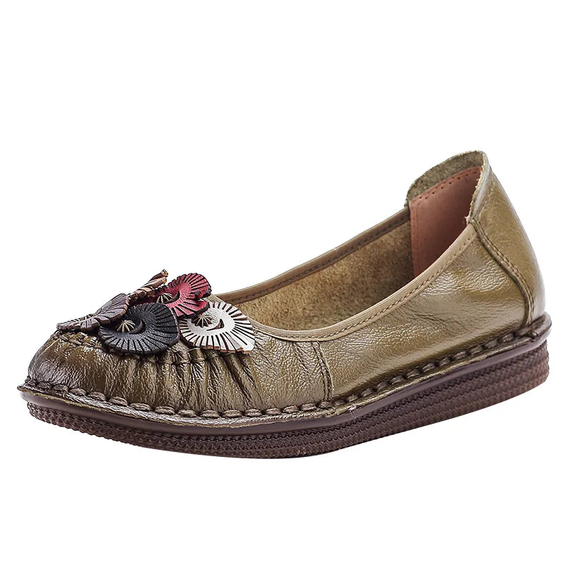 Mocasines Étnicos de Cuero Genuino para Mamá | Punta Redonda | Antideslizantes | Verano 2025