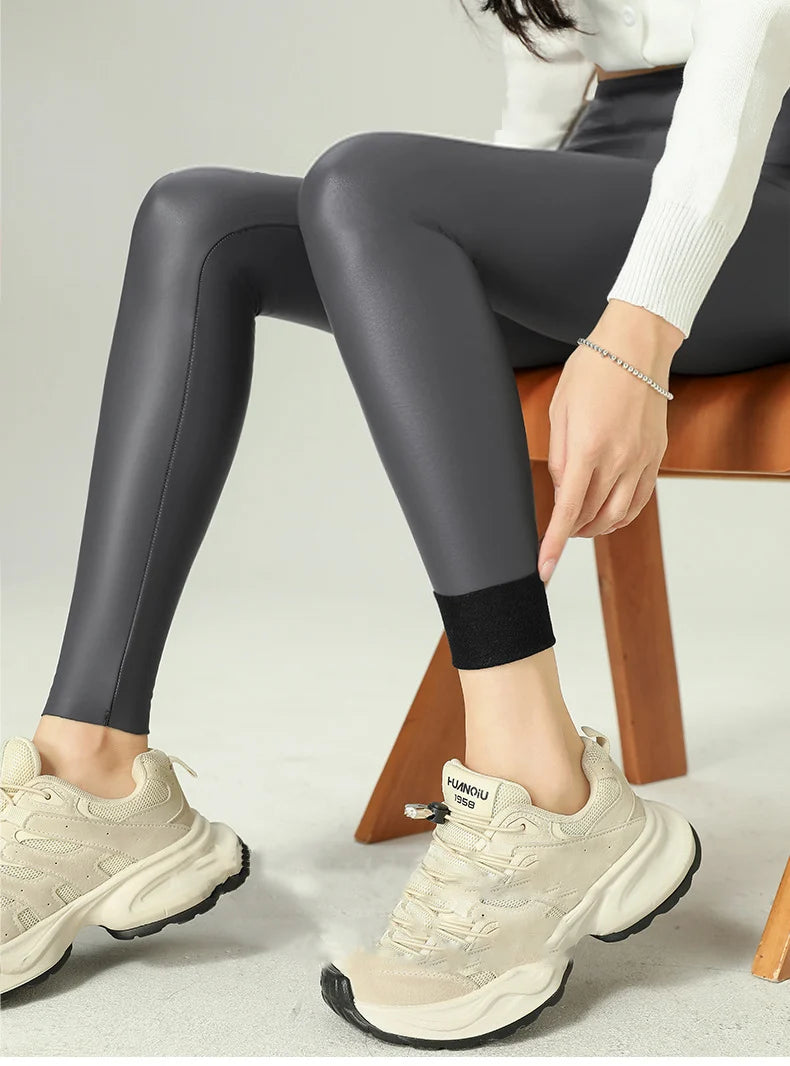 Leggings PU Cuero Invierno | Lana Fina Sexy Ajustado | Cintura Alta Elástico Cálido