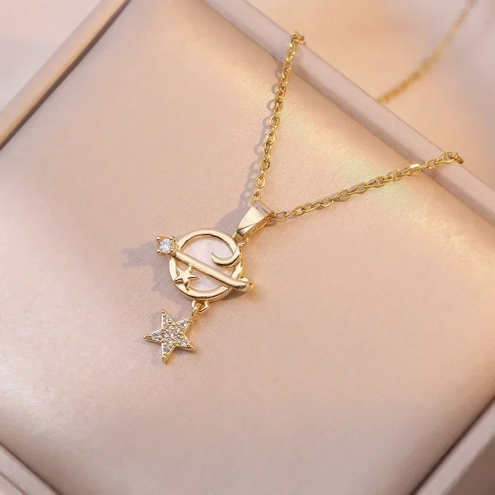 Collares de Planeta de piedra lunar de circón de acero inoxidable para mujeres y niñas, Color dorado, joyería de moda, regalos, accesorios para amigos
