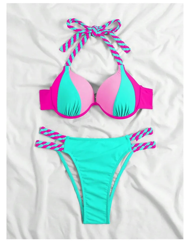 Bikini Push Up Colorblock con Estilo Halter para Playa