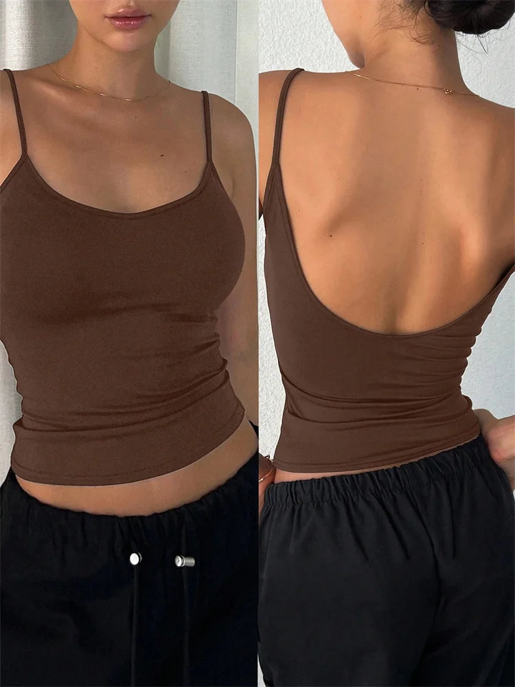 Top corto sin espalda para mujer, Top informal sin mangas de Color sólido, ropa de calle Y2K