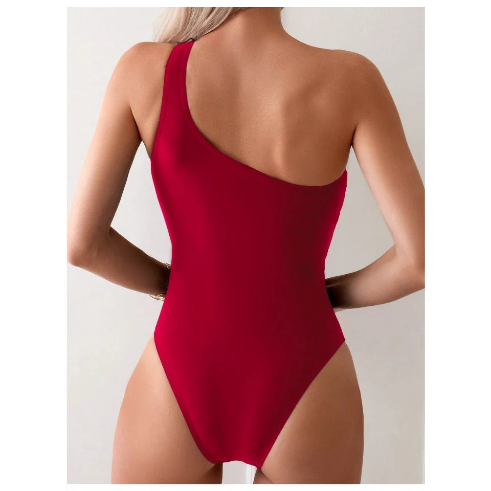 Traje de Baño Una Pieza | Un Hombro Sin Mangas | Diseño Ahuecado | Color Sólido