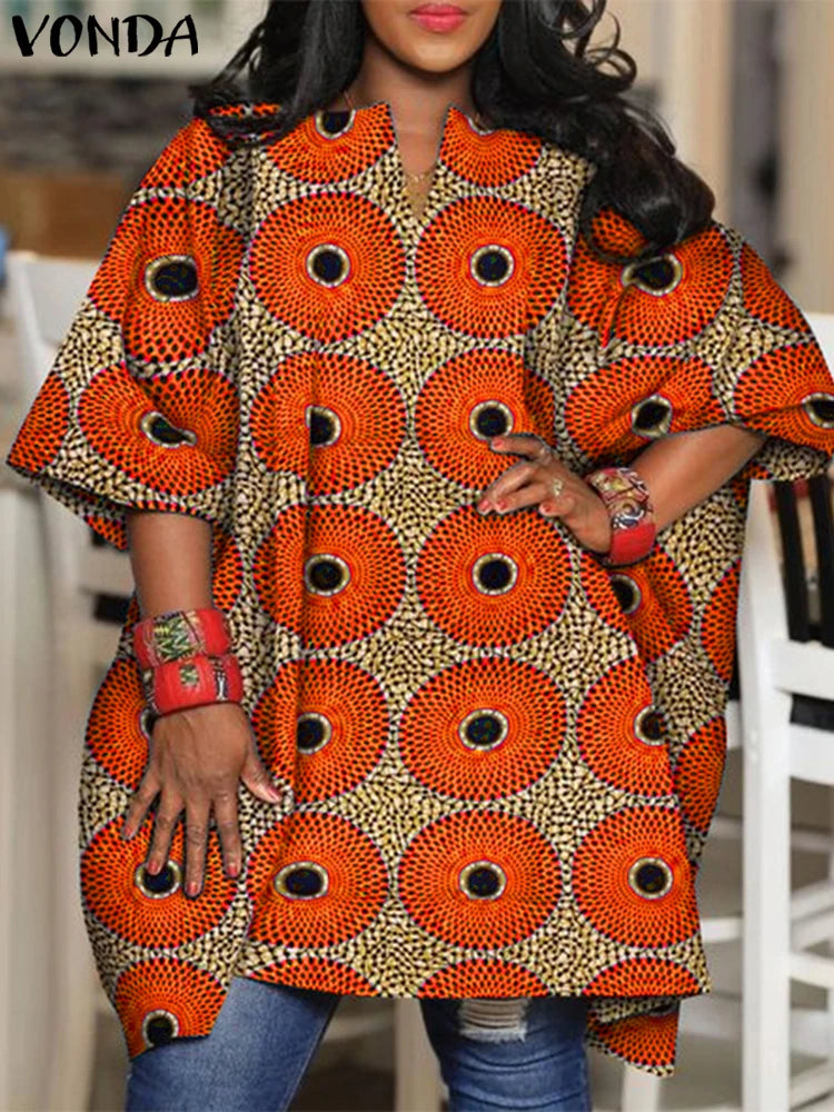 Blusa de talla grande 5XL VONDA para mujer, Tops estampados Vintage, camisas bohemias con cuello en V de verano, Blusas holgadas informales con manga de murciélago