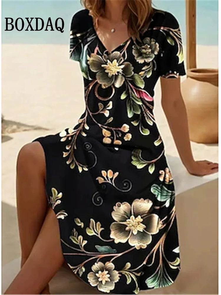 Vestido Vintage para Mujer | Cuello en V y Estampado Floral | Manga Corta para Playa | Tico Trendy