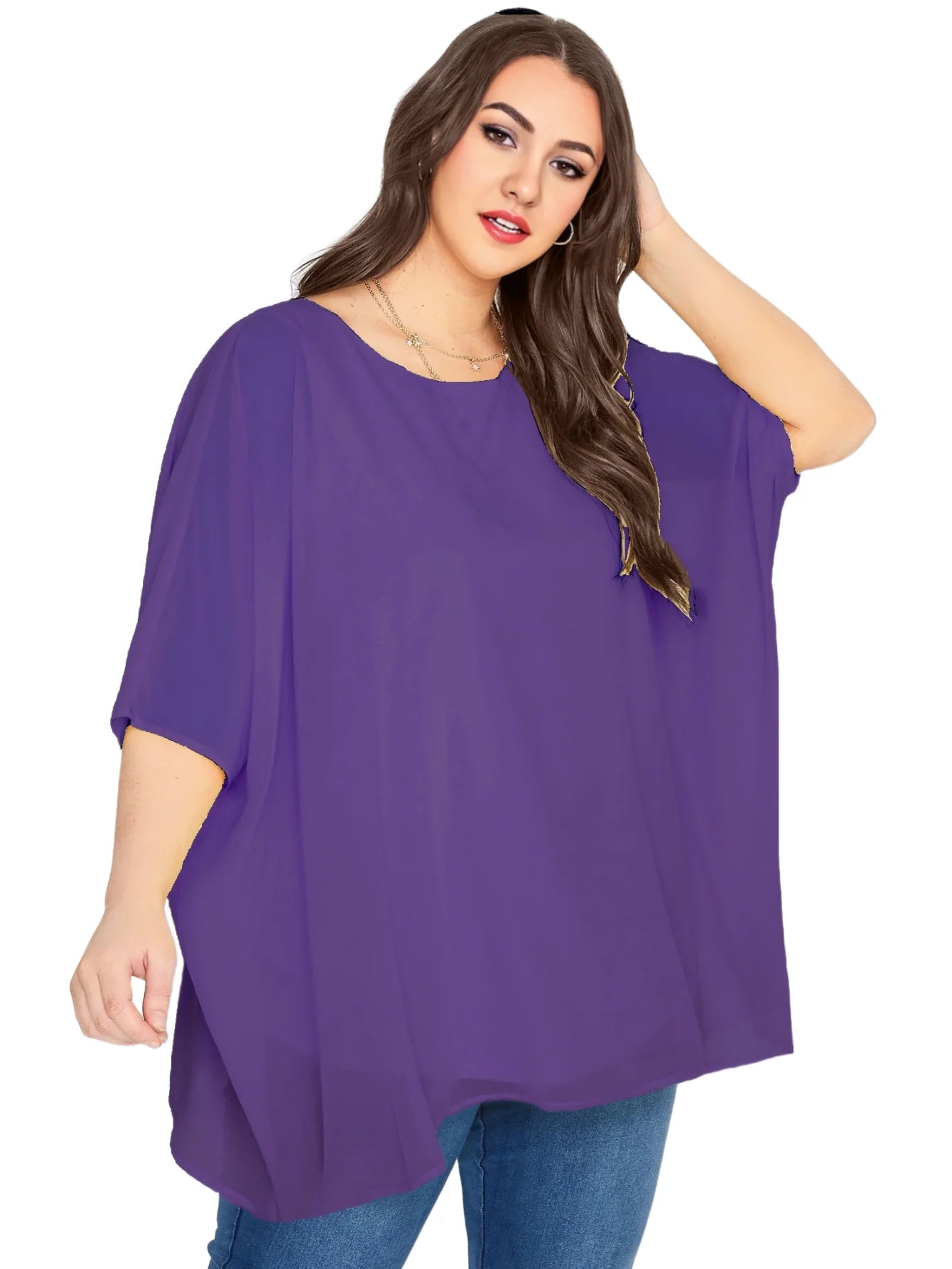 Blusa de chifón con manga de murciélago para verano, camisa elegante con cuello redondo, estilo informal, 8XL talla grande, para mujer