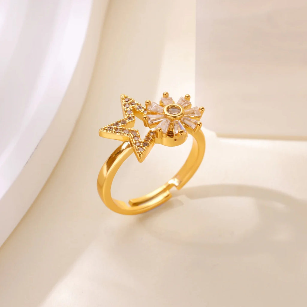 Anillo Ticotrendy Giratorio | Molino Flor Estrella Circón | Acero Inox Oro | Joyería Boda