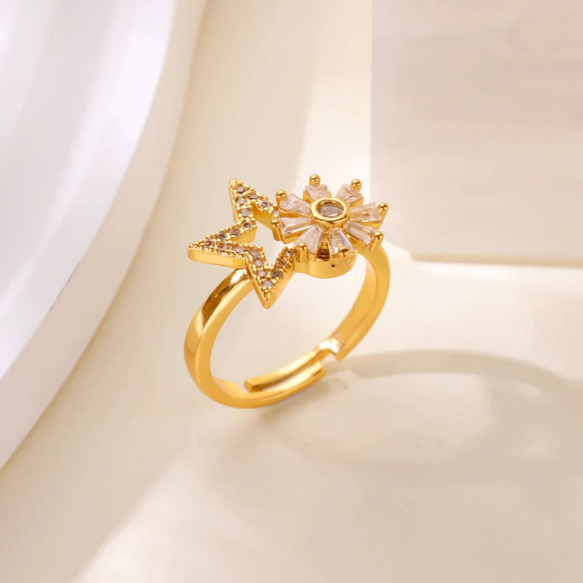 Anillo Ticotrendy Giratorio | Molino Flor Estrella Circón | Acero Inox Oro | Joyería Boda