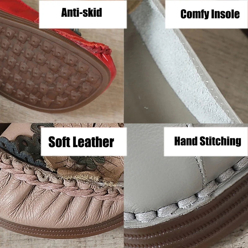 Mocasines Planos Florales de Cuero Genuino | Hechos a Mano | Talla 41 | Estilo Retro