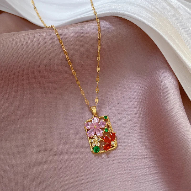 Collares con colgante cuadrado de flor de circón colorido Vintage para mujer, cadena de acero inoxidable de Color dorado, regalos de joyería de lujo