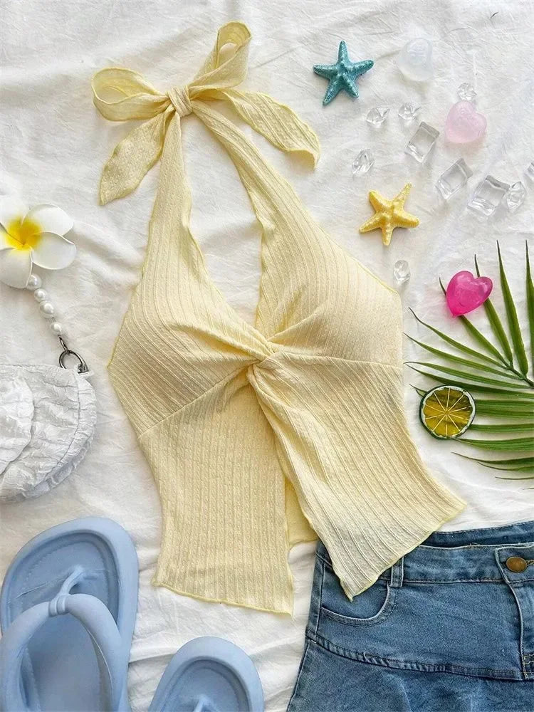 Top amarillo con cuello en V y cuello Halter para mujer, ropa Y2K de verano, Top corto Sexy sin mangas y espalda descubierta, ropa de calle