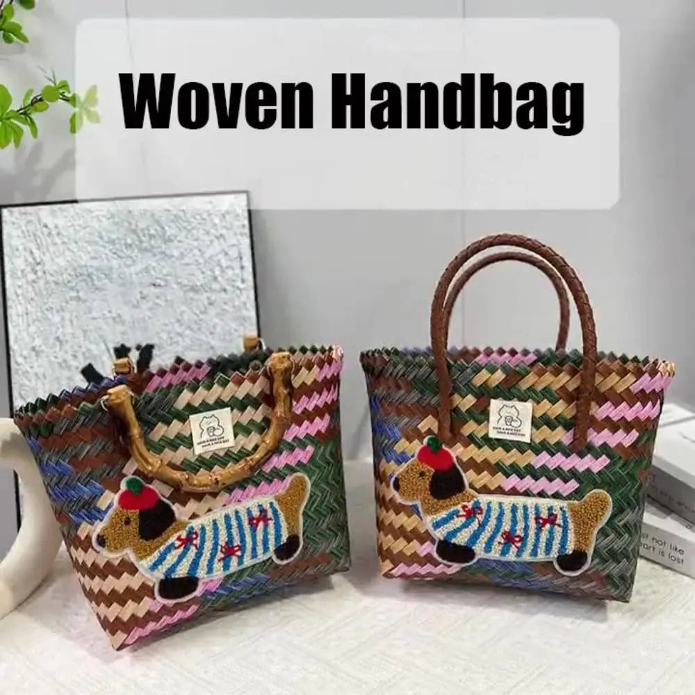 Bolso Tejido de Gran Capacidad con Diseño de Perro Salchicha y Asa de Bambú