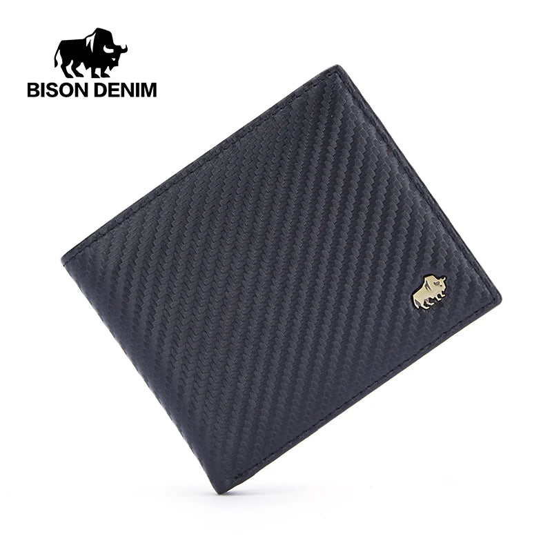 BISON DENIM-billetera de fibra de carbono para hombre, Tarjetero con bloqueo RFID, bolsillo para monedas, monedero de cuero plegable para negocios, regalos ideales para hombre