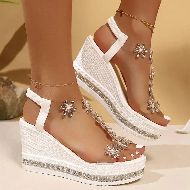 Sandalias de Mujer | Plataforma y Tacón Alto | Flores y Diamantes de Imitación