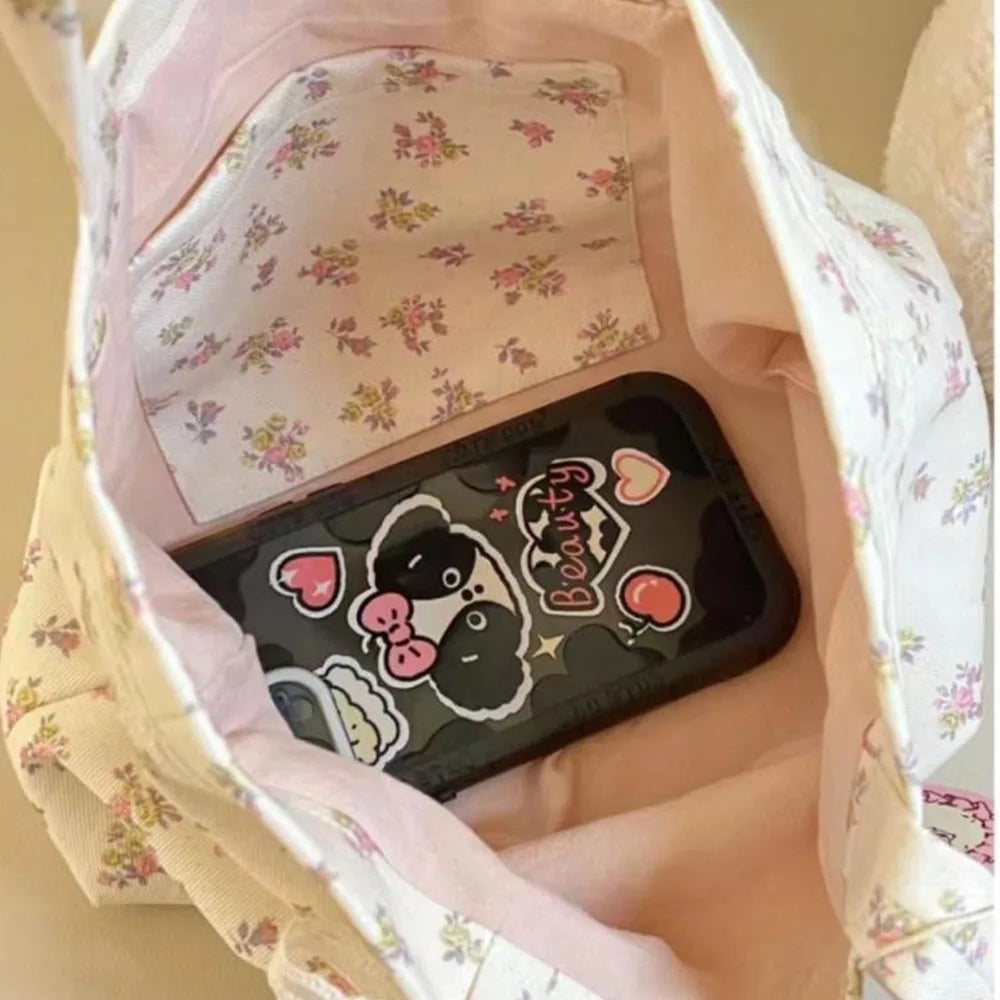 Bolso Tote de Lona Grande con Estampado Floral, Lazo de Encaje y Bordado
