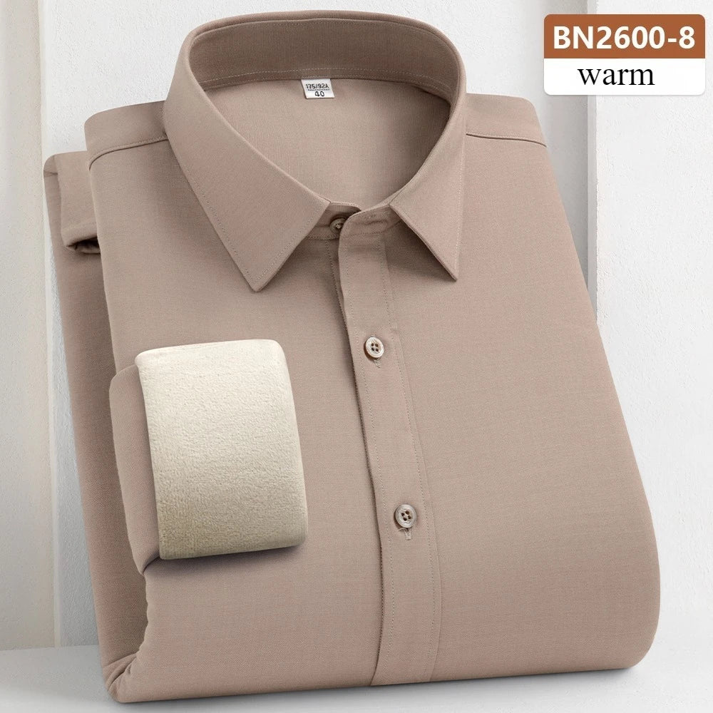 Camisa de Lana Cálida Hombre | Manga Larga | Negocios Casual | Color Sólido Suave