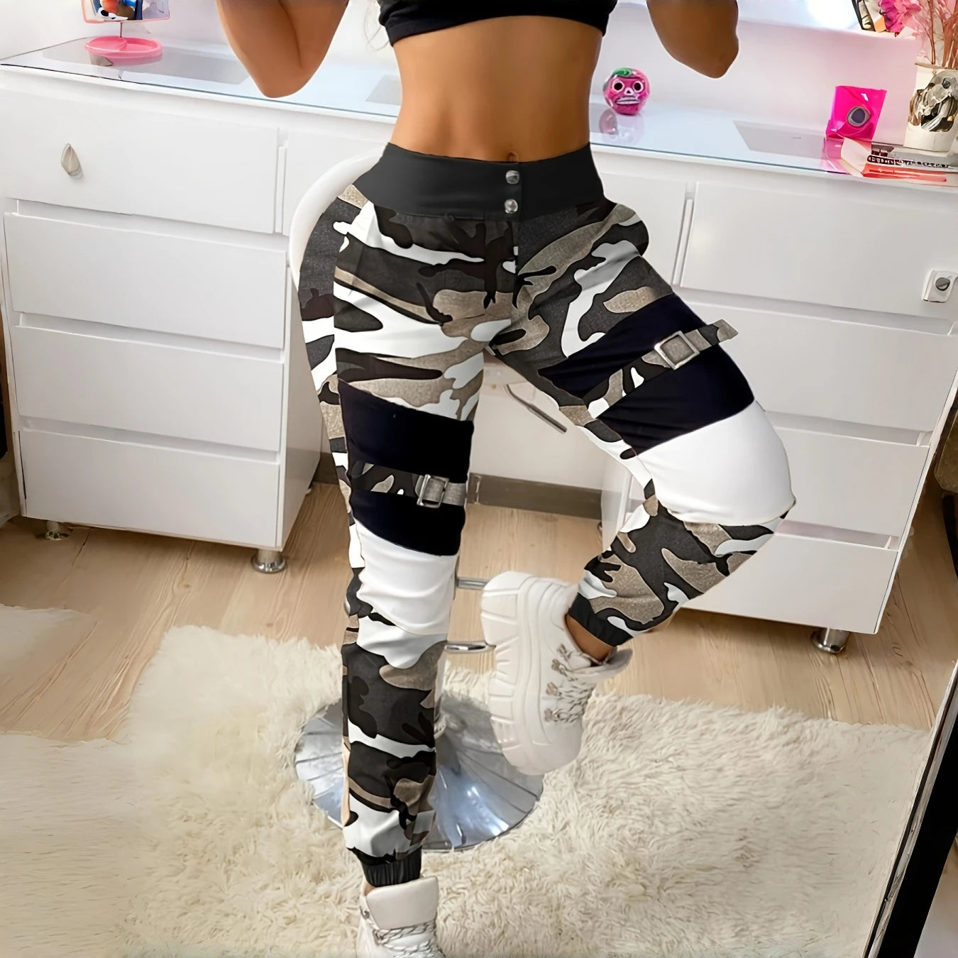 Pantalones de chándal informales a la moda para mujer, pantalones de camuflaje adelgazantes de cintura alta para primavera y verano, pantalones con personalidad súper geniales