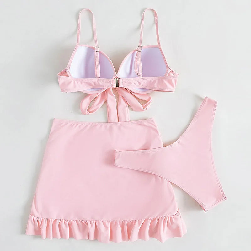 Conjunto de Bikini 3 Piezas con Falda - Top con Nudo y Bottom de Tiro Alto