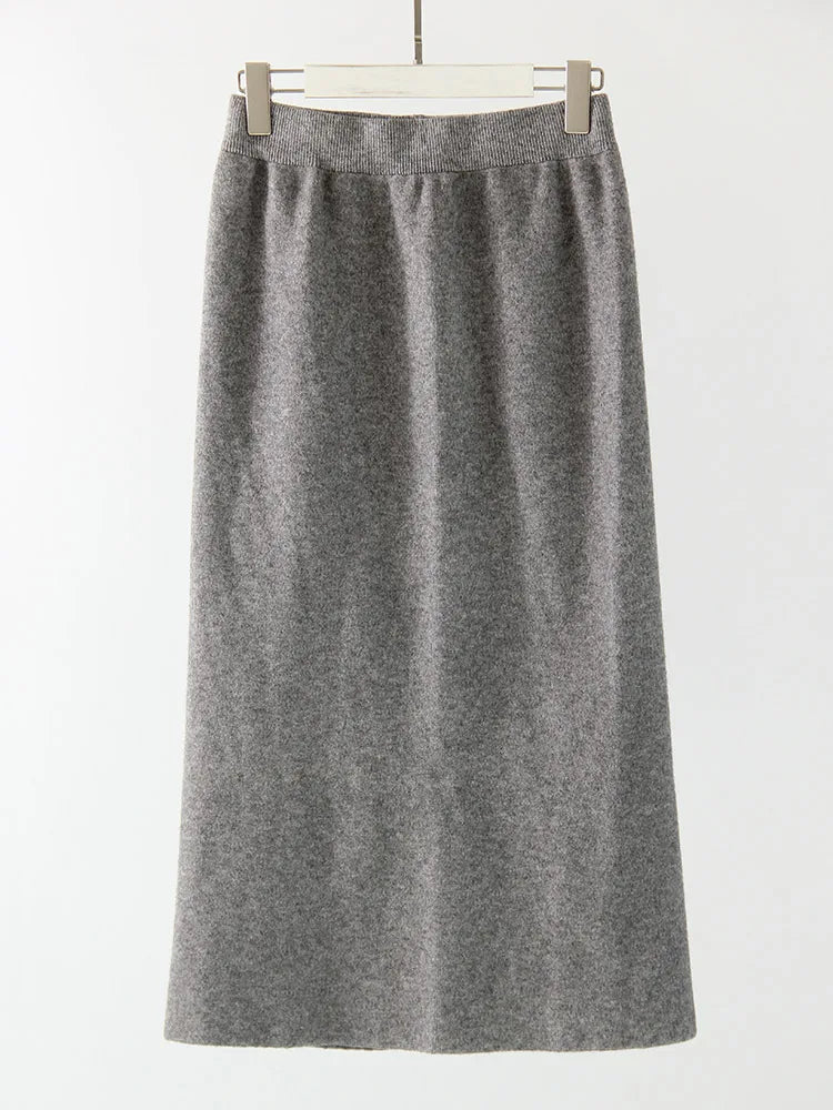 Falda Maxi Recta de Punto con Abertura Estilo Coreano Casual