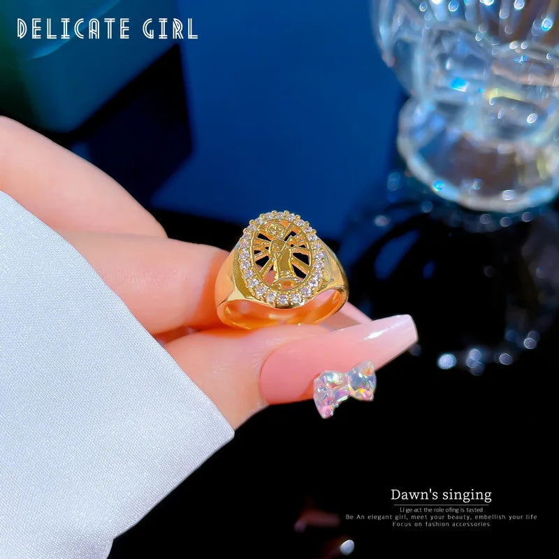 Anillo de Jesús de circón chapado en oro de 18 quilates para mujeres y hombres, anillo de cobre ajustable Vintage que se puede abrir, accesorios de joyería, regalos para amigos