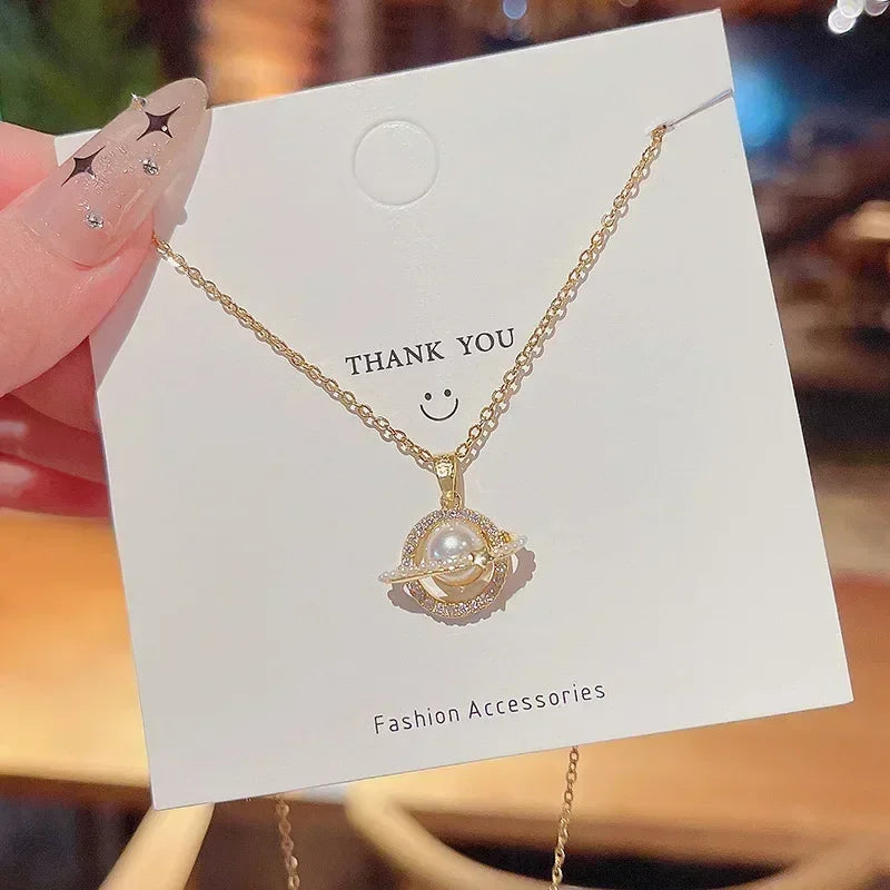 Collares de Planeta de piedra lunar de circón de acero inoxidable para mujeres y niñas, Color dorado, joyería de moda, regalos, accesorios para amigos