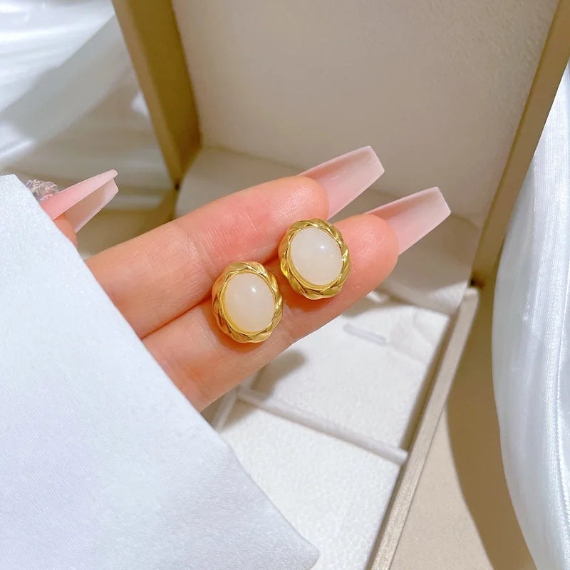 Pendientes ovalados de piedra lunar simples de Color dorado para mujeres y niñas, pendientes de acero inoxidable a la moda, accesorios diarios, regalos de joyería
