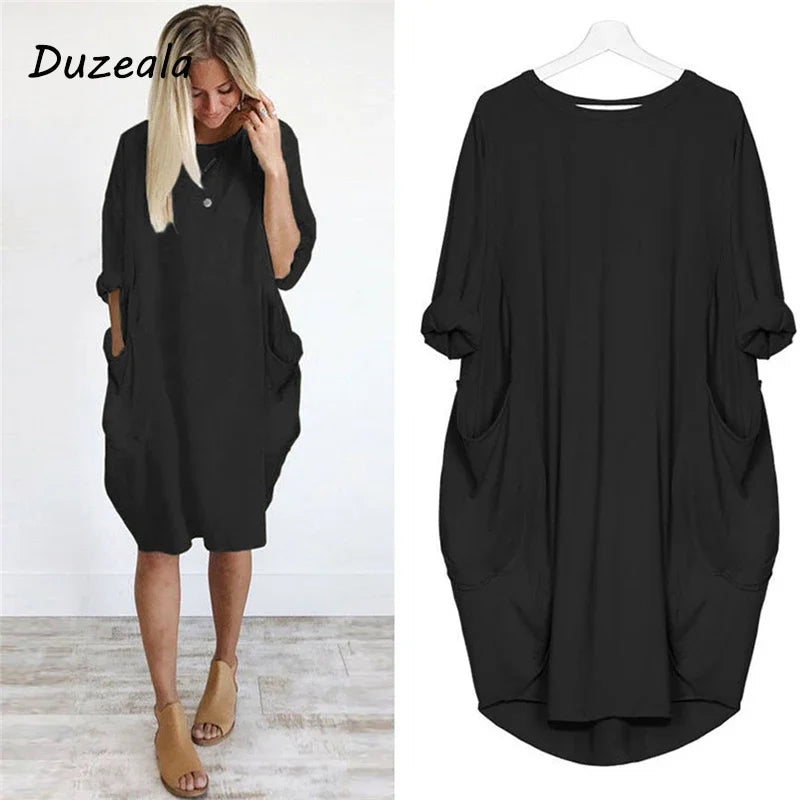 Personalizable gran oferta Otoño Invierno mujer moda bolsillo vestido suelto señoras sólido cuello redondo Casual Tops largos vestido