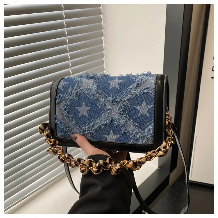 Bolso Hombro Vaquero Mujer Retro Estrellas Cinta Leopardo