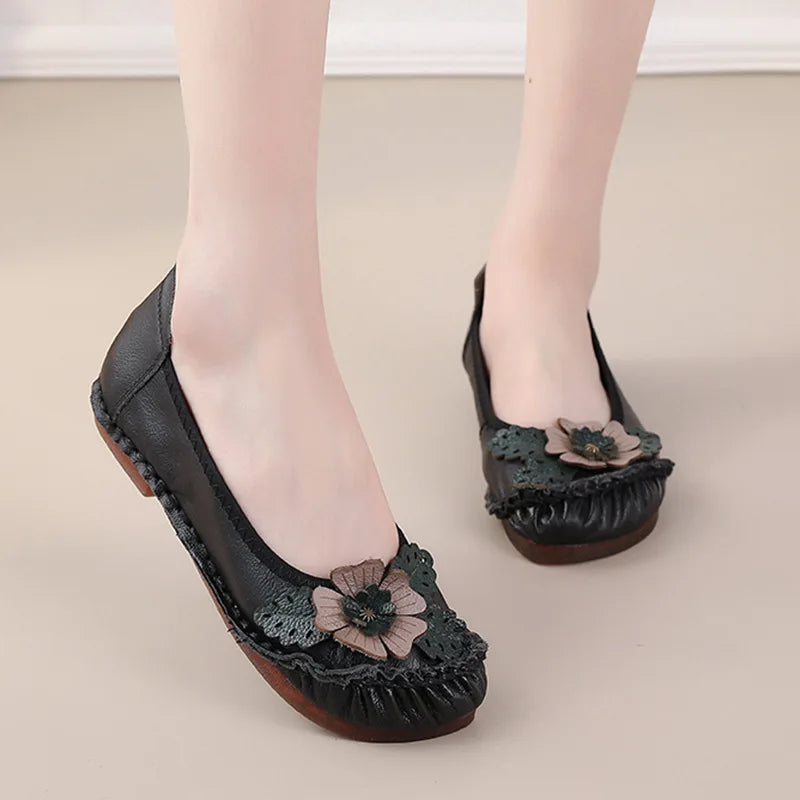 Mocasines Planos Florales de Cuero Genuino | Hechos a Mano | Talla 41 | Estilo Retro