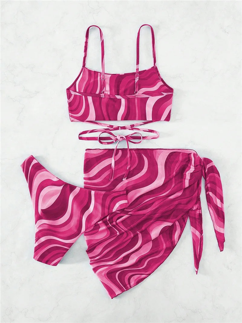 Bikini con Estampado Ondulado y Falda - Conjunto Práctico y Bonito