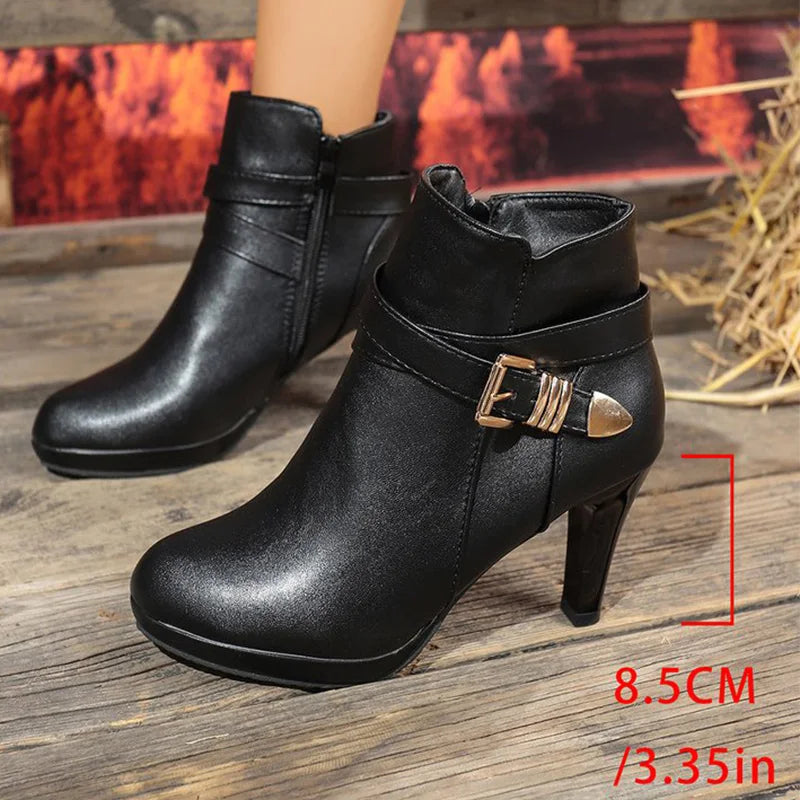 Botines Elegantes para Mujer - Tacón Fino Hebilla Cremallera Punta Estrecha