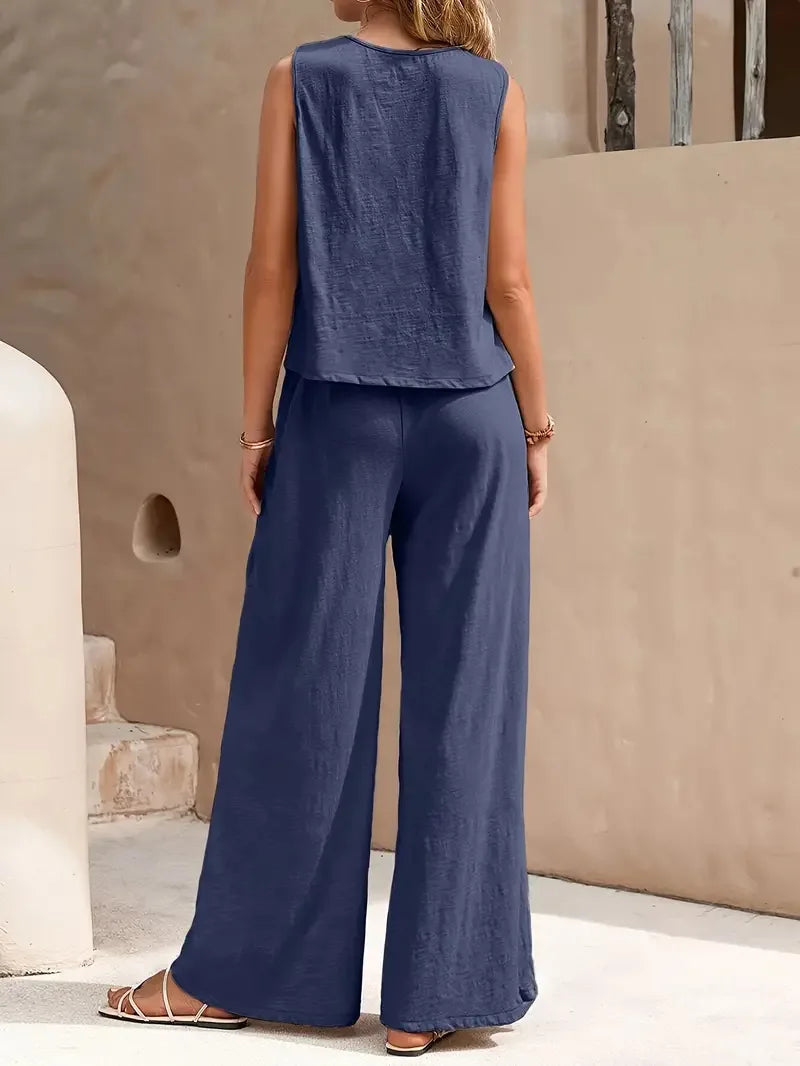 Ticotrendy: Conjunto Elegante de Pantalón y Top Sin Mangas | Color Sólido Verano 2025