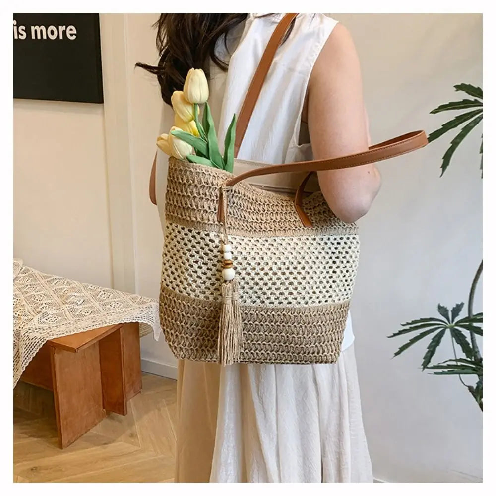 Bolso de Paja Tejida Hecho a Mano con Colgante de Flecos para Mujer