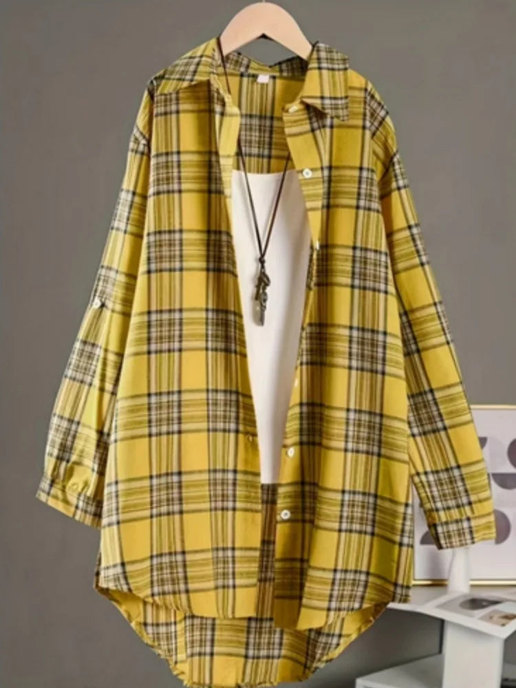 Camisa Algodón Lino Cuadros Plus Size | Holgada Manga Media Largo Midi | Tallas 1XL-5XL | Tico Trendy