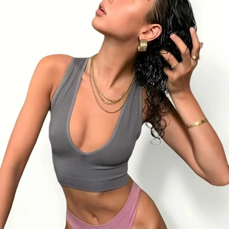 Top Corto Deportivo Sin Forro | Cuello V | Color Sólido | Ticotrendy