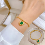 Pulsera Dijes Corazón Cristal Verde | Acero Inox. Vintage Elegante | Regalo Amigos | Ticotrendy