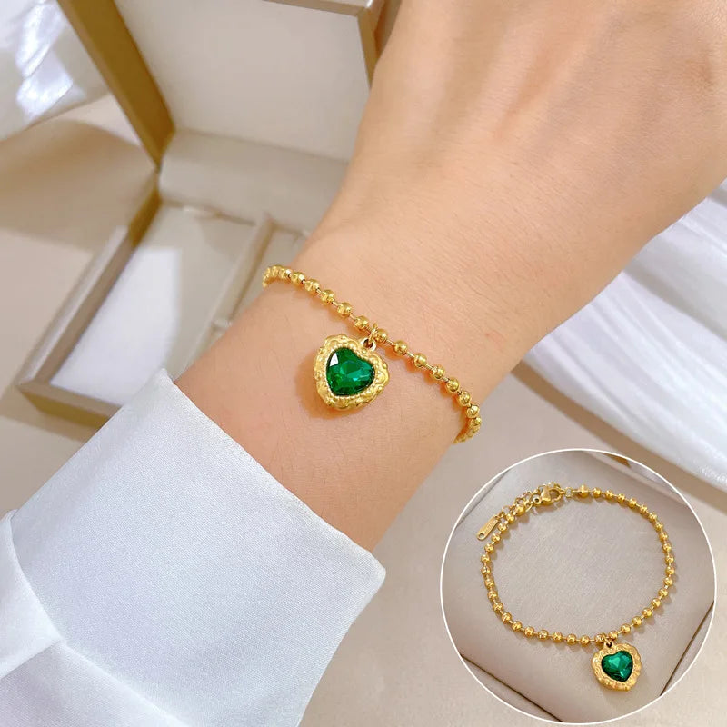 Pulseras con dijes de corazón de amor de cristal verde Vintage de acero inoxidable para mujer, accesorios de mano elegantes, regalos para amigos