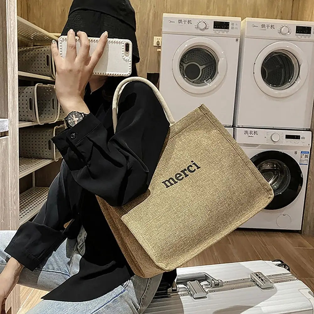 Bolso de Hombro de Lona Grande con Estampado de Letras y Diseño Novedoso
