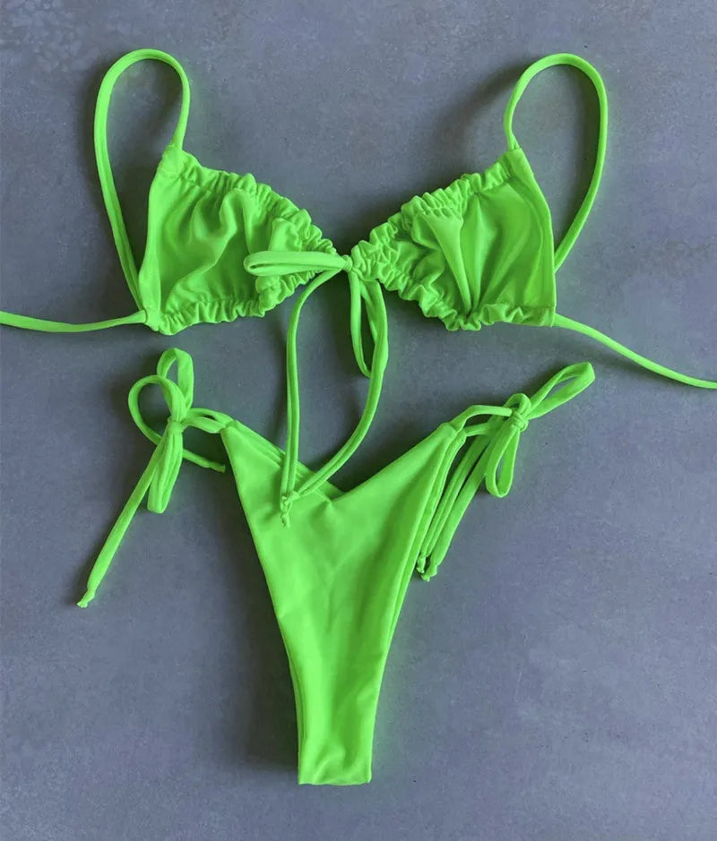 Bikini Sexy de Cintura Alta y Color Sólido - Traje de Baño de Verano 2025