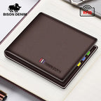 BISON DENIM-billetera de cuero genuino para hombre, monedero pequeño con bloqueo RFID, tarjetero plegable, regalo Ideal para padre y novio