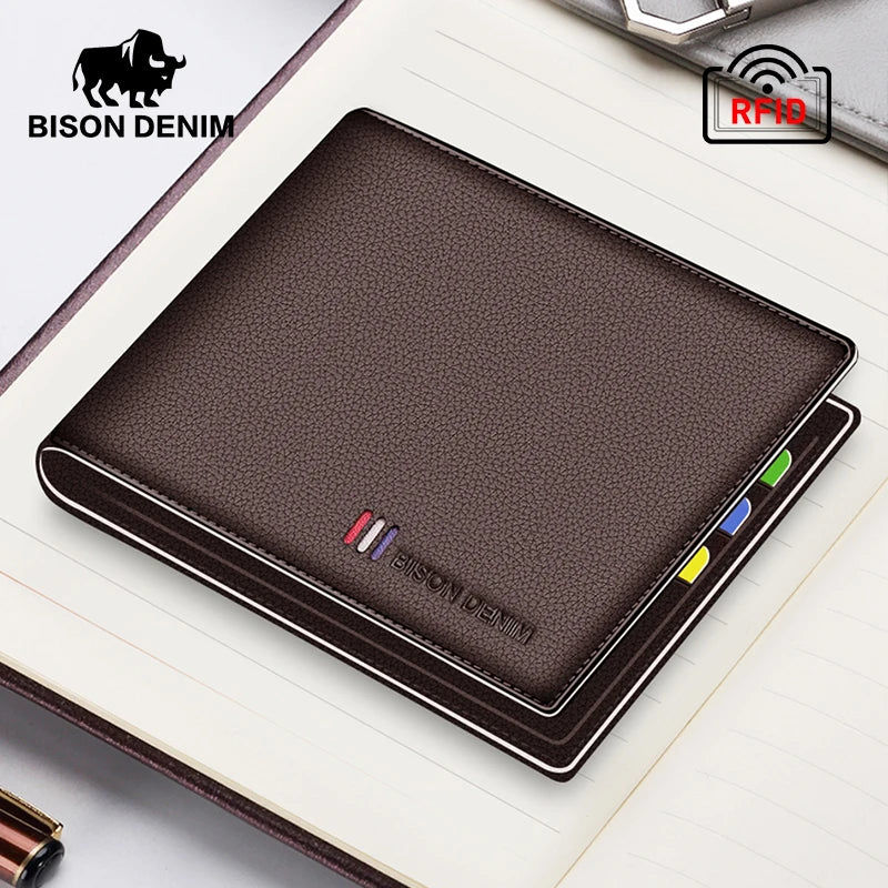 BISON DENIM-billetera de cuero genuino para hombre, monedero pequeño con bloqueo RFID, tarjetero plegable, regalo Ideal para padre y novio