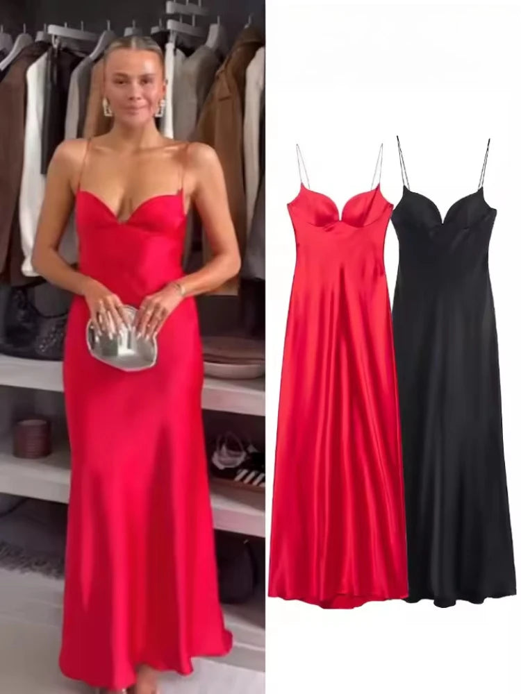 Vestido Rojo Satinado | Cuello en V y Cremallera Trasera | Tropical 2025