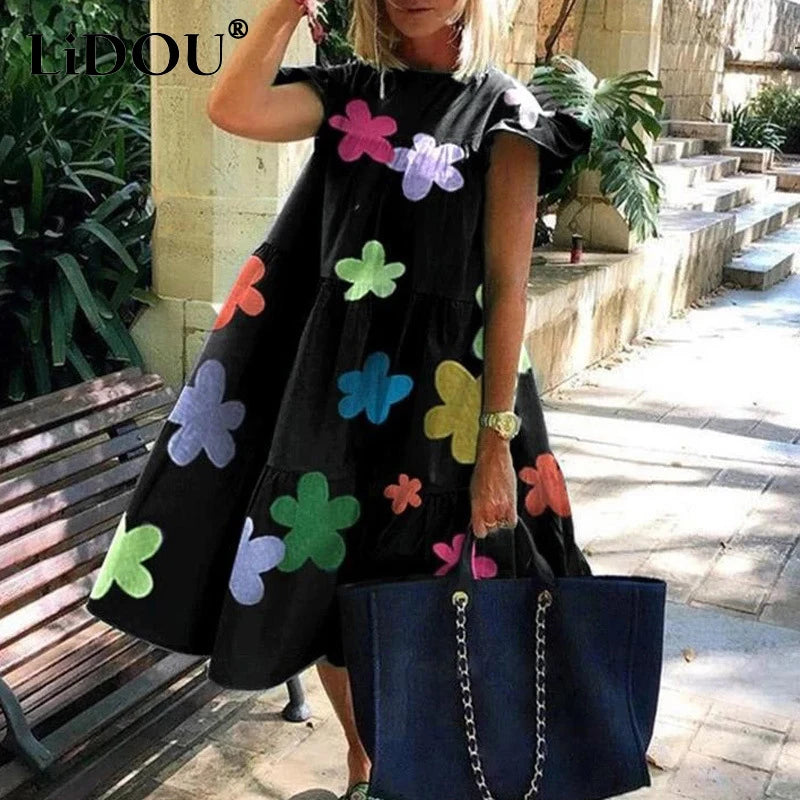 Vestido Holgado Kawaii Vintage | Estampado | Manga Corta | Talla Grande