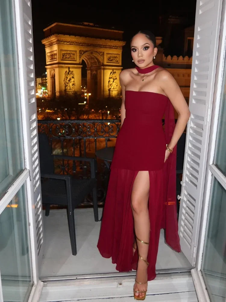 Vestido envuelto en el pecho liso con tirantes para mujer, vestido con bufanda y espalda descubierta de malla transparente con contraste, ropa de fiesta en la playa para verano 2025