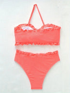 Bikini Bandeau con Volantes de Color Sólido - Conjunto de Dos Piezas