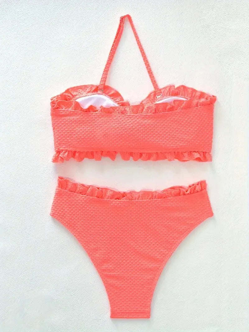Bikini Bandeau con Volantes de Color Sólido - Conjunto de Dos Piezas