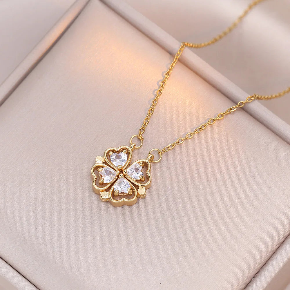 Collar Trébol Circón Magnético | Acero Inoxidable | Joyería Femenina