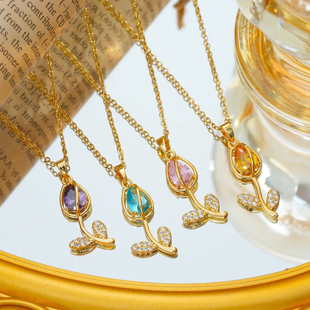 Collares con colgante de tulipán de circón colorido para mujeres y niñas, cadena de acero inoxidable, accesorios de joyería románticos de moda, regalos