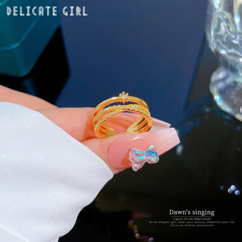 Anillos ajustables con forma de cruz de circón para mujer y niña, anillos de cobre de doble capa de Color dorado, accesorios para dedos, regalos