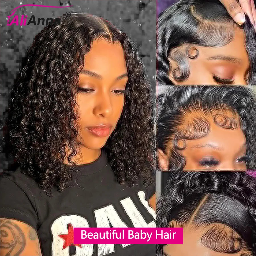 Pelucas sin pegamento con ondas de agua, pelucas de cabello humano Bob corto, pelucas de cabello humano rizado HD transparente, peluca con cierre de encaje 4x4 precortado